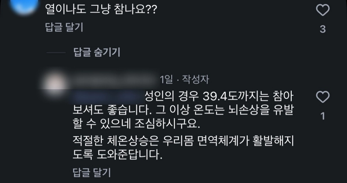 A 한의사는 ‘열이 나도 그냥 참냐’는 질문에 “성인의 경우 39.4도까지는 참아 보셔도 좋다. 그 이상 온도는 뇌손상을 유발할 수 있으니 조심하시라”라며 “적절한 체온상승은 우리몸 면역체계가 활발해지도록 도와준다”고 답했다. A 한의사 인스타그램 캡처