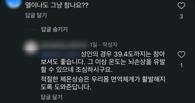 A 한의사는 ‘열이 나도 그냥 참냐’는 질문에 “성인의 경우 39.4도까지는 참아 보셔도 좋다. 그 이상 온도는 뇌손상을 유발할 수 있으니 조심하시라”라며 “적절한 체온상승은 우리몸 면역체계가 활발해지도록 도와준다”고 답했다. A 한의사 인스타그램 캡처