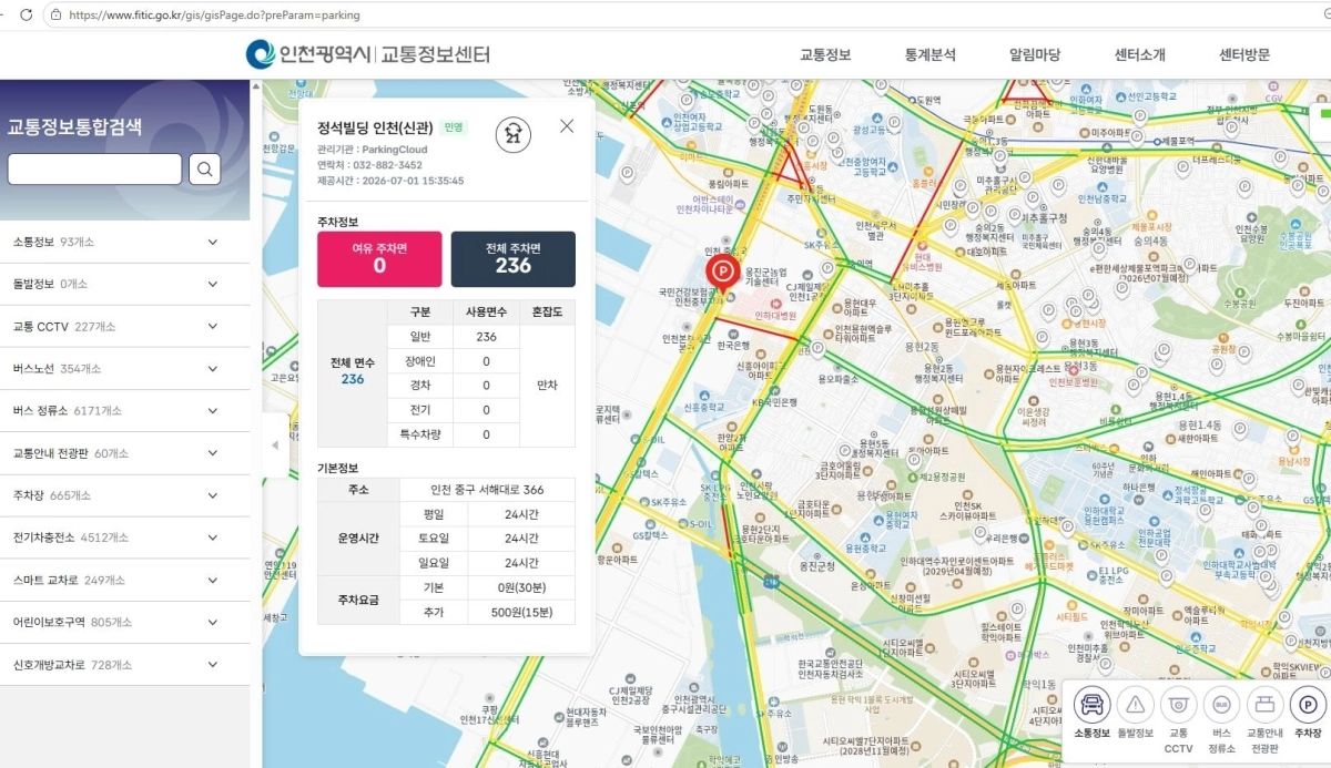 주차정보 서비스. 인천시 제공