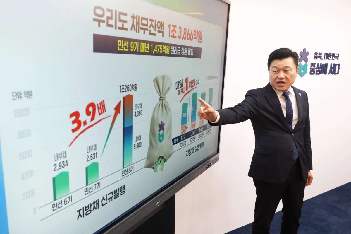 신용한 충북지사가 27일 충북도 재정상황을 브리핑하고 있다. 충북도 제공.