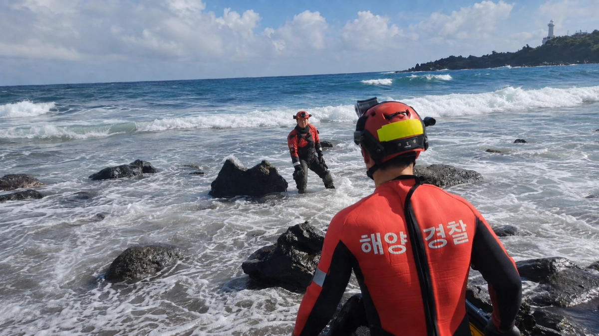 29일 제주해양특수구조대원들이 해군 실종사건과 관련 사고 해역 및 갯바위 일대에서 해안 수색작업을 진행하고 있다. 제주지방해양경찰청 제공