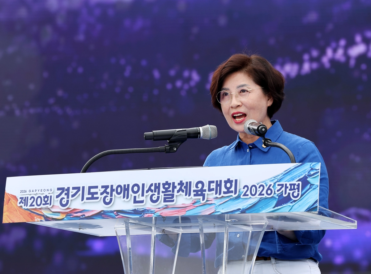 ▲김미숙 부의장이 28일 가평군 자라섬 서도에서 열린 ‘제20회 경기도장애인생활체육대회 2026 가평’ 개회식에서 축사를 하고 있다. (사진=경기도의회)