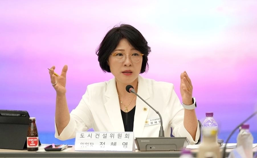 지난 28일 ‘미사호수공원 음악분수 등 민생 회복을 위한 소상공인연합회와의 간담회’에 참석해 발언중인 정혜영 위원장. 하남시의회 제공