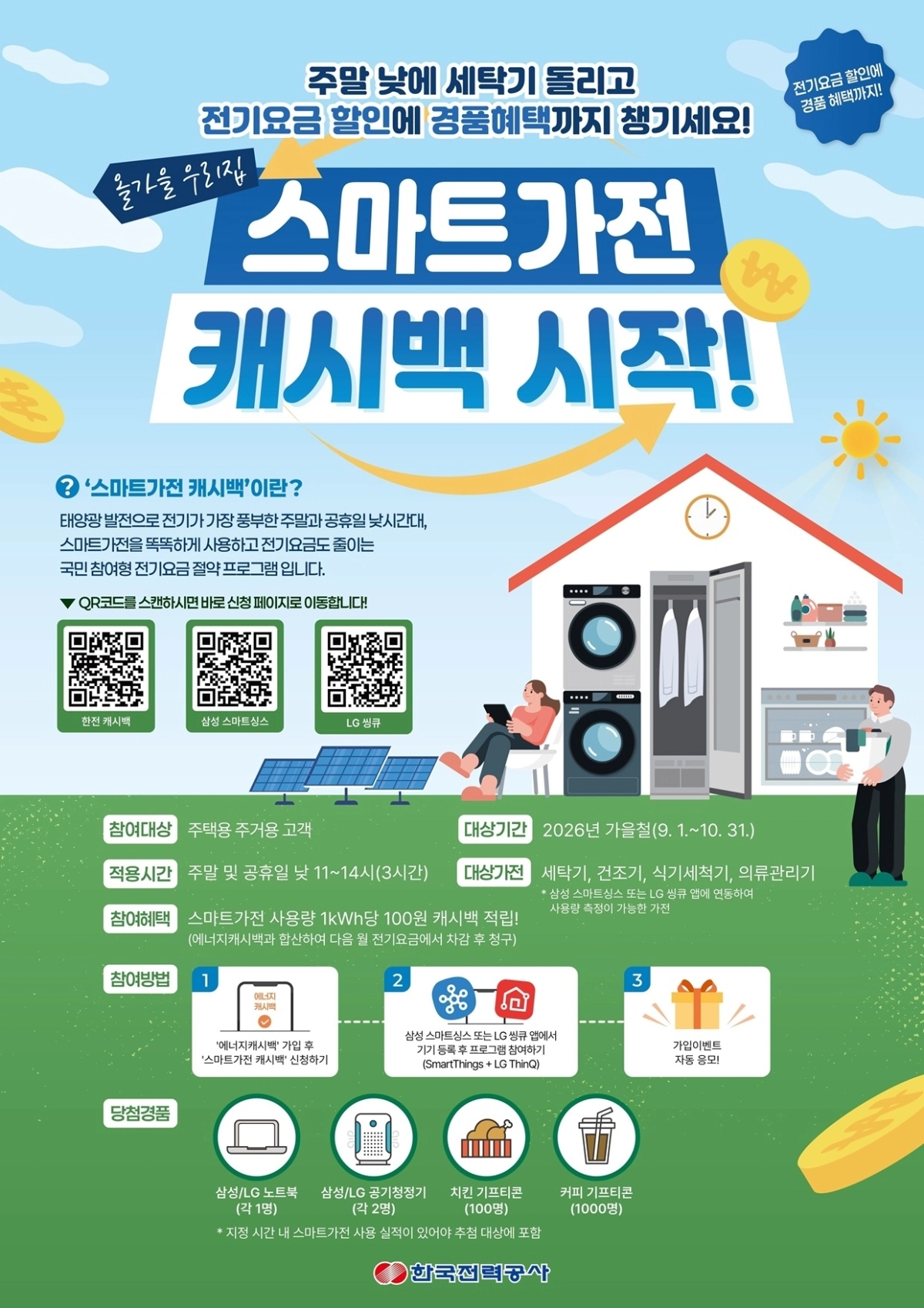 한국전력이 9월과 10월 시범 추진하는 ‘스마트가전 캐시백’ 포스터. 한국전력 제공