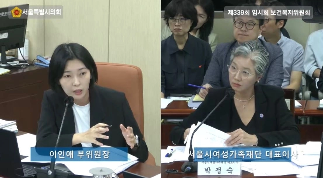 지난 1일 열린 제339회 임시회 제1차 보건복지위원회에서 서울시여성가족재단 대표이사에게 질의하는 이인애 의원. 서울시의회 제공