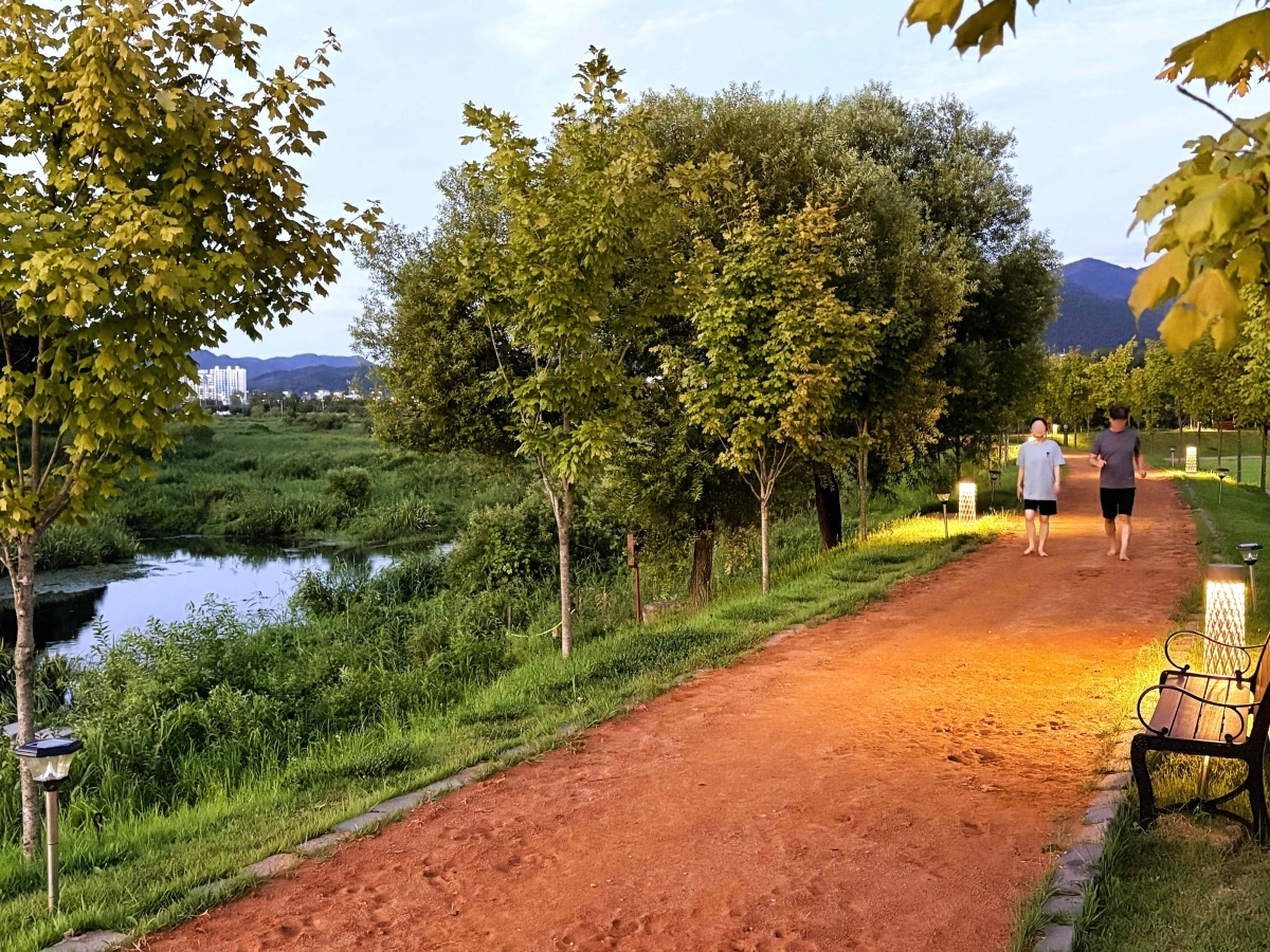 전남광주 장성군 장성읍 영천리에 조성된 황미르랜드 황토맨발길(700m)은 뛰어난 접근성과 풍광을 갖춰 어싱족들의 발길이 이어지고 있다. (장성군 제공)