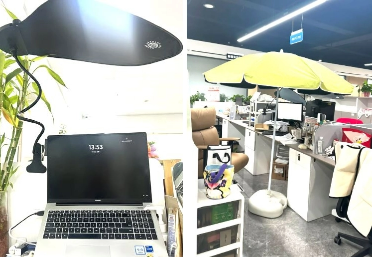 중국에서는 사무실 조명에서 나오는 강한 자외선을 막기 위해 직장인들이 저마다 방법을 찾고 있다. 책상 위에 햇빛 가리개를 설치하거나(왼쪽), 책상 옆에 양산을 펼쳐두는(오른쪽) 식이다. 소셜미디어(SNS) 캡처
