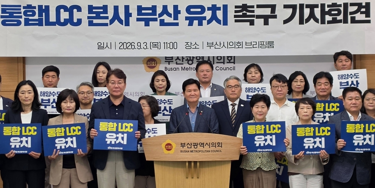 더불어민주당 부산시당이 지난 3일 부산시의회 브리핑실에서 ‘통합LCC 본사 부산 유치 촉구’ 기자회견을 진행하고 있다. 민주당 부산시당 제공