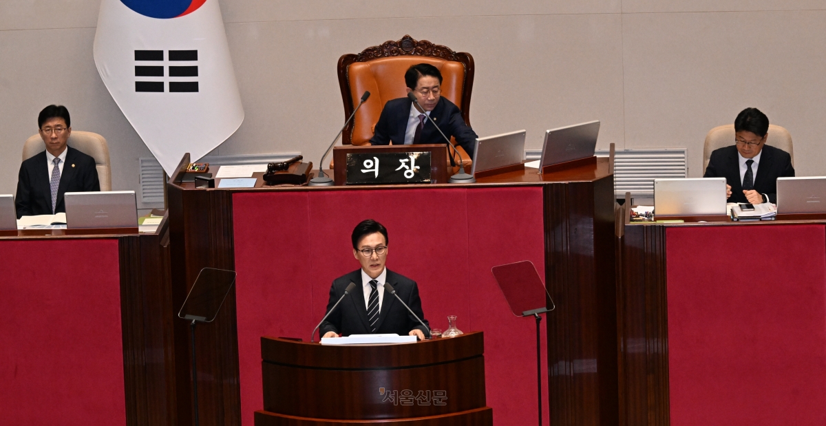 김민석 더불어민주당 대표가 7일 국회에서 열린 본회의에서 교섭단체 대표연설을 하고 있다.2026.9.7. 안주영 전문기자