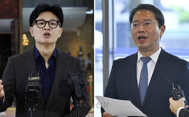 한동훈(왼쪽) 무소속 의원이 7일 국회 로텐더홀 앞에서 김승원 법무부 장관 후보자 의혹 제기 브리핑을 하고 있다. 오른쪽은 같은날 서울 종로구 적선현대빌딩에 마련된 인사청문회 준비 사무실로 출근하기 전 자신과 관련한 의혹에 대한 입장을 발표하는 김승원 법무부 장관 후보자가. 2026.9.7 안주영 전문기자·이지훈 기자