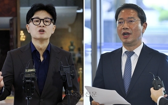 한동훈(왼쪽) 무소속 의원이 7일 국회 로텐더홀 앞에서 김승원 법무부 장관 후보자 의혹 제기 브리핑을 하고 있다. 오른쪽은 같은날 서울 종로구 적선현대빌딩에 마련된 인사청문회 준비 사무실로 출근하기 전 자신과 관련한 의혹에 대한 입장을 발표하는 김승원 법무부 장관 후보자가. 2026.9.7 안주영 전문기자·이지훈 기자