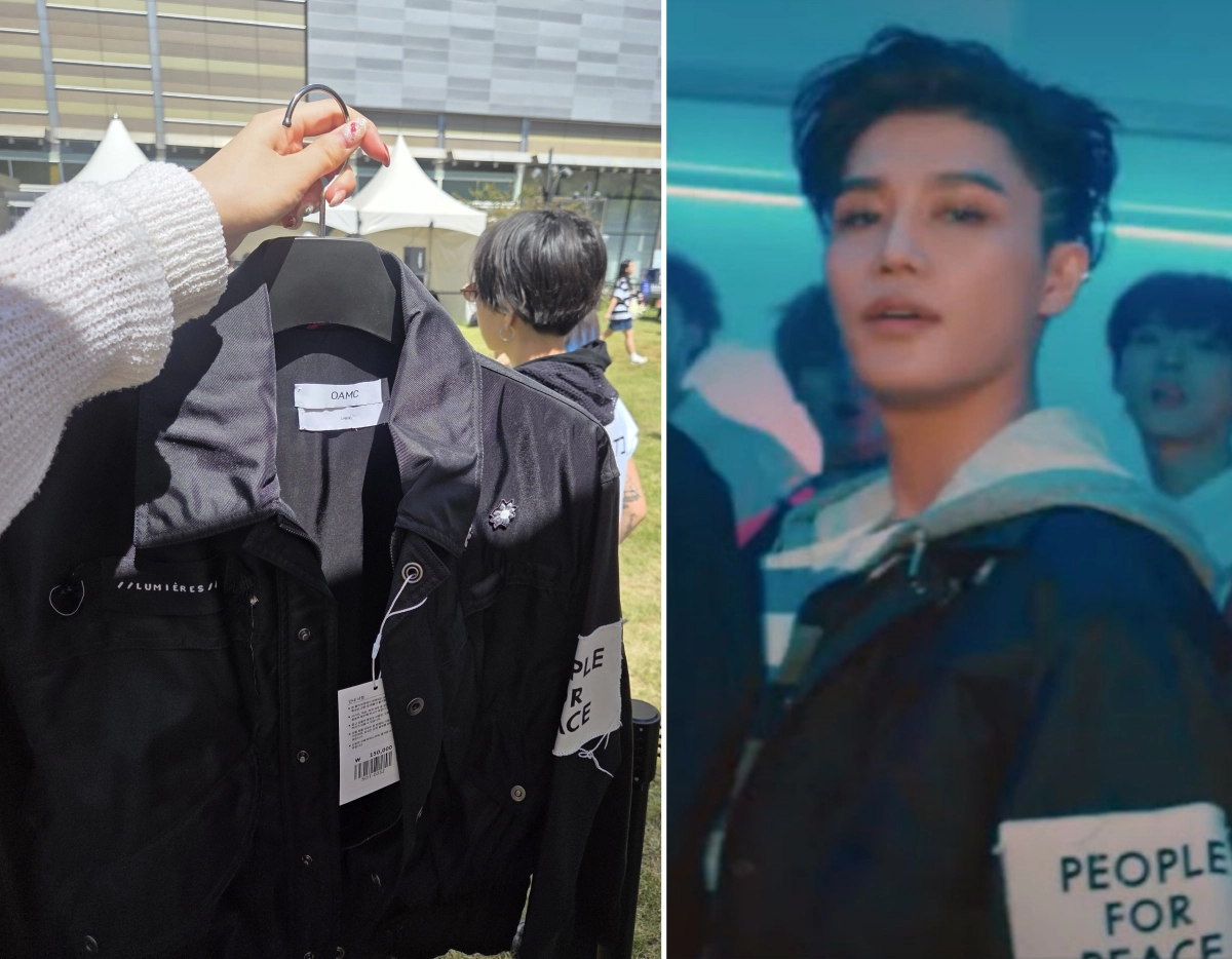 SM엔터테인먼트가 NCT 브랜드 론칭 10주년을 맞아 지난 6일 연 ‘NCT 플리마켓’ 행사에서 성범죄로 퇴출된 전 멤버 태일이 입었던 의상이 판매 물품으로 나와 논란이다. 사진은 NCT 팬인 A씨가 문제의 의상을 구매 후 들고 있는 모습(왼쪽)과 같은 옷을 태일이 ‘체인’(Chain) 뮤직비디오에서 입고 있는 장면(오른쪽). A씨 엑스 캡처
