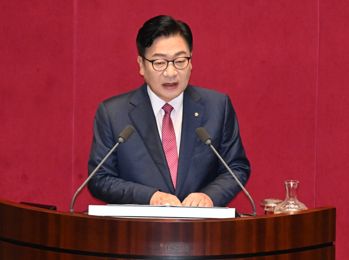 정점식 국민의힘 원내대표가 8일 국회에서 열린 제439회 국회 정기회 4차 본회의에서 교섭단체 대표 연설을 하고 있다.  안주영 전문기자