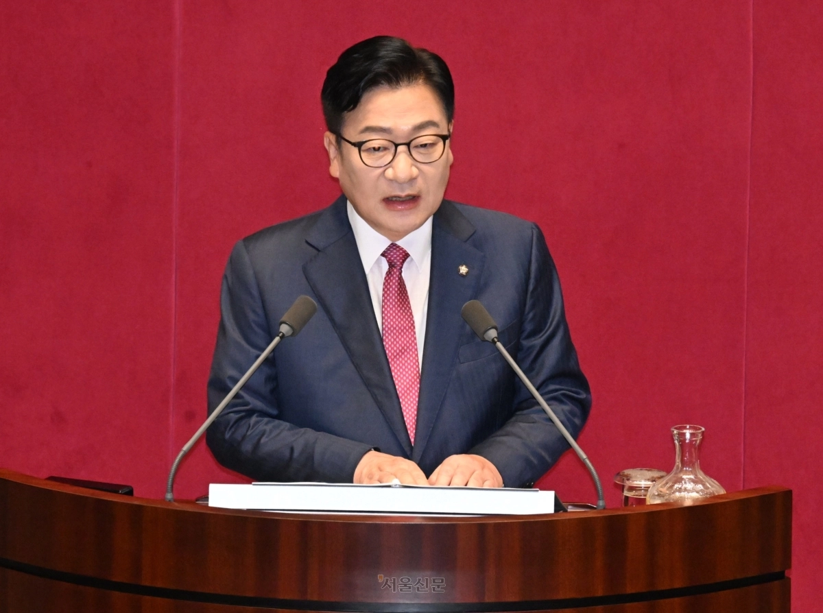 정점식 국민의힘 원내대표가 8일 국회에서 열린 제439회 국회 정기회 4차 본회의에서 교섭단체 대표 연설을 하고 있다.  안주영 전문기자