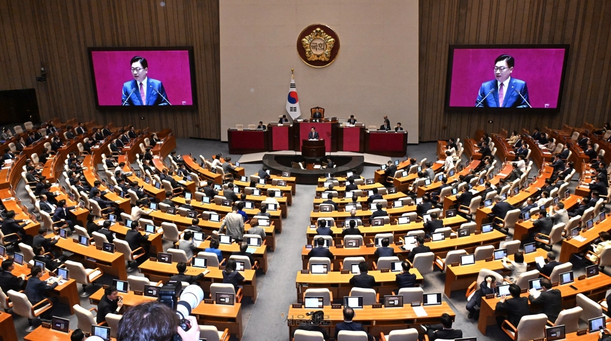 정점식 국민의힘 원내대표가 8일 국회에서 열린 제439회 국회 정기회 4차 본회의에서 교섭단체 대표 연설을 하고 있다. 안주영 전문기자