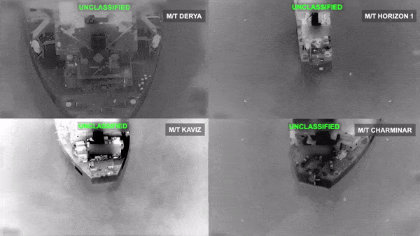 미 중부사령부(CENTCOM)는 8일(현지시간) 이란 원유운반선 5척을 타격했다고 밝혔다. 사진은 미군이 공개한 데르야(Derya·왼쪽 위), 호라이즌 1(Horizon 1·오른쪽 위), 카비즈(Kaviz·왼쪽 아래), 차르미나르(Charminar·오른쪽 아래)의 타격 장면. CENTCOM은 이들 선박을 포함해 리에스코(Riesco)까지 모두 5척을 공격했다고 밝혔다. 2026.9.8 미 중부사령부