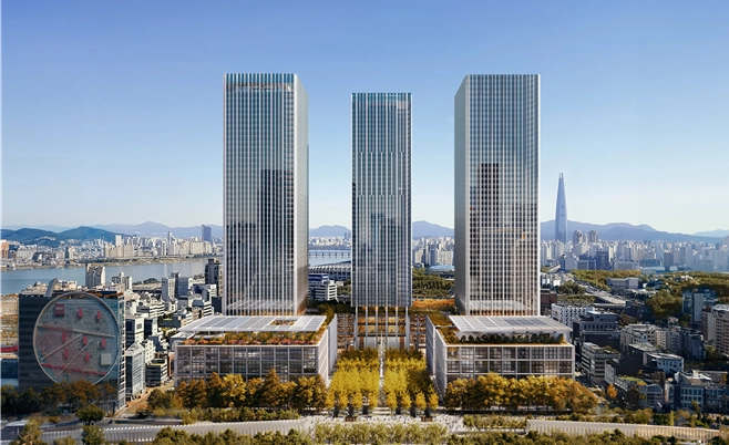 서울 강남구 삼성동 옛 한국전력 부지에 추진해온 현대차그룹 글로벌비즈니스콤플렉스(GBC) 사업 조감도. 대지 중심부를 열린 공간으로 조성해 도심 속 숲을 구현했다. 서울시 제공