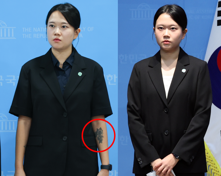 김진서 기본소득당 부대변인이 긴팔 옷으로 꽃무늬 문신을 가린 모습.  뉴시스