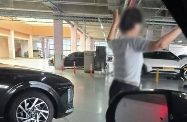 강원도 리조트의 한 주차장에서 한 여성이 주차 공간에 팔을 벌리고 서있는 모습이 포착됐다. 보배드림 캡처