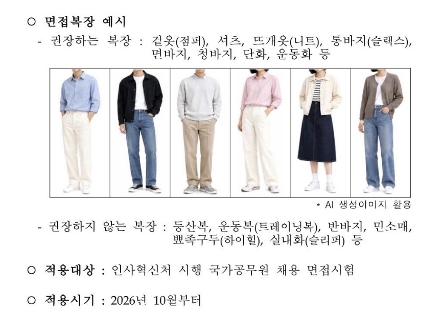 인사혁신처가 10일 국가공무원 채용시스템에 올린 공고문을 통해 국가공무원 면접시험에 적용되는 복장 권고 사항을 안내했다. 자료 : 국가공무원 채용시스템