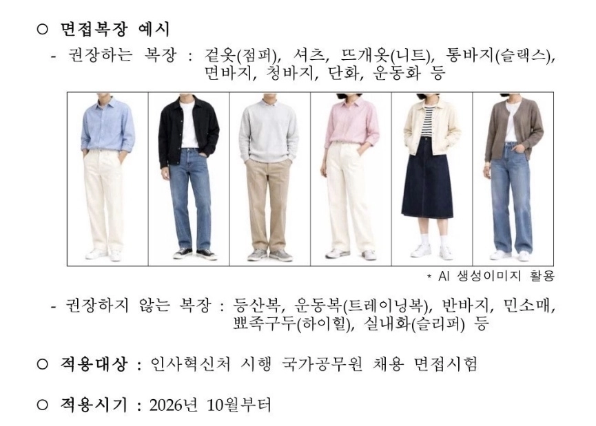 인사혁신처가 10일 국가공무원 채용시스템에 올린 공고문을 통해 국가공무원 면접시험에 적용되는 복장 권고 사항을 안내했다. 자료 : 국가공무원 채용시스템
