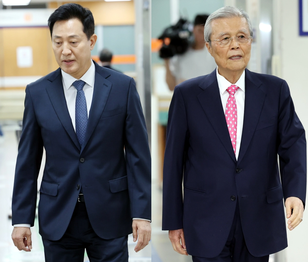 ‘여론조사비 대납 의혹’을 받는 오세훈 서울시장과 같은 재판 증인인 김종인 전 비대위원장이 11일 오후 서울 서초구 서울고등법원에서 열린 항소심 4차 공판에 출석하고 있다. 뉴시스