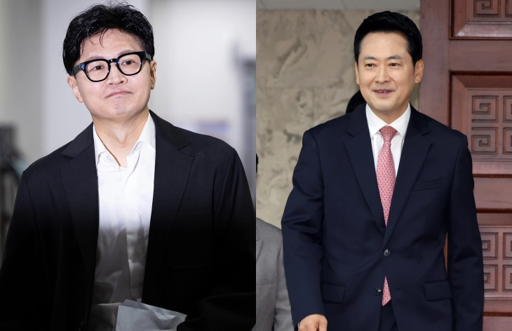 한동훈(왼쪽) 무소속 의원이 13일 기자회견을 위해 국회 소통관에 들어서고 있다. 장동혁 국민의힘 대표가 9일 국회에서 국민의힘 정책위위원회가 주최한 경찰 수사종결권 통제 토론회에 참석하고 있다. 뉴스1