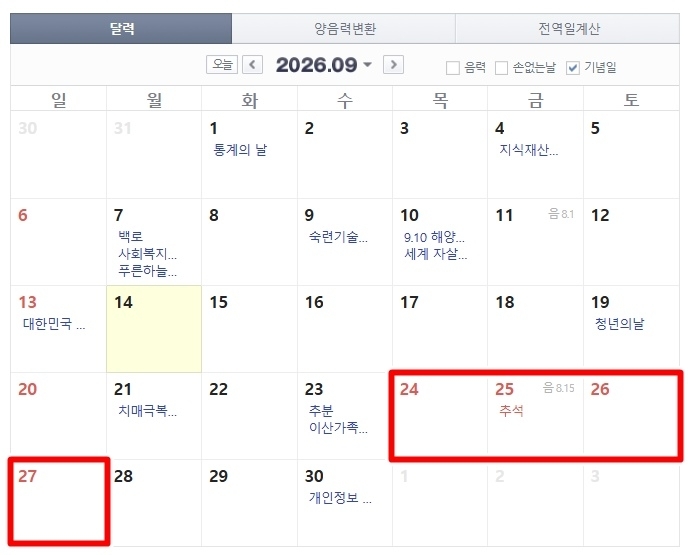 올해 추석 연휴는 24일부터 26일까지이며, 일요일인 27일까지 총 나흘간 쉴 수 있다. 자료 : 네이버 달력