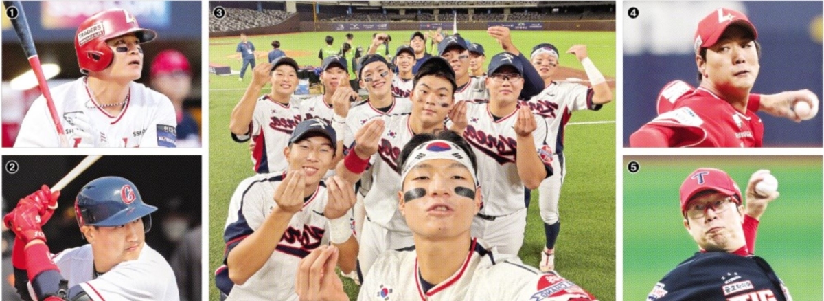 추신수①, 이대호②는 2000년 세계청소년야구선수권대회 우승을 시작으로 한국야구의 르레상스를 주도한 ‘황금세대’의 핵심이었다. ③2026 아시아청소년선수권대회에서 일본을 꺾고 8년 만에 우승을 차지한 한국 선수들이 환한 표정으로 기념사진을 찍고 있다. 김광현(SSG 랜더스)④, 양현종(KIA 타이거즈)⑤은 2006년 세계청소년선수권대회에서 정상에 오른 뒤 한국을 대표하는 좌완투수로 성장했다. SSG 랜더스·롯데 자이언츠·KIA 타이거즈·대한야구소프트볼협회 제공