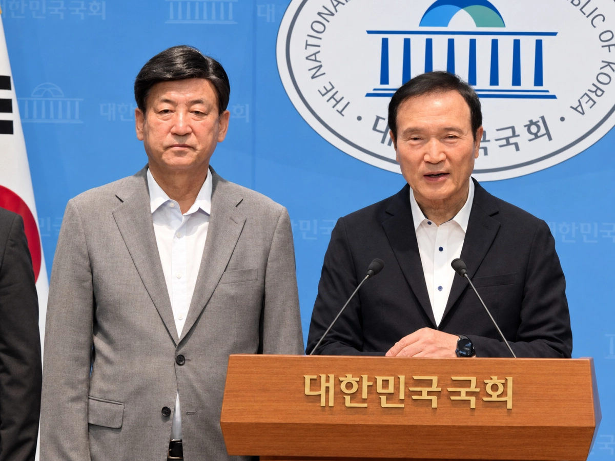 임태희 전 경기도교육감(오른쪽)이 15일 국회서 기자회견을 갖고 공직선거법 개정 및 선거제도 개선 국민동의청원 추진을 발표하고 있다.