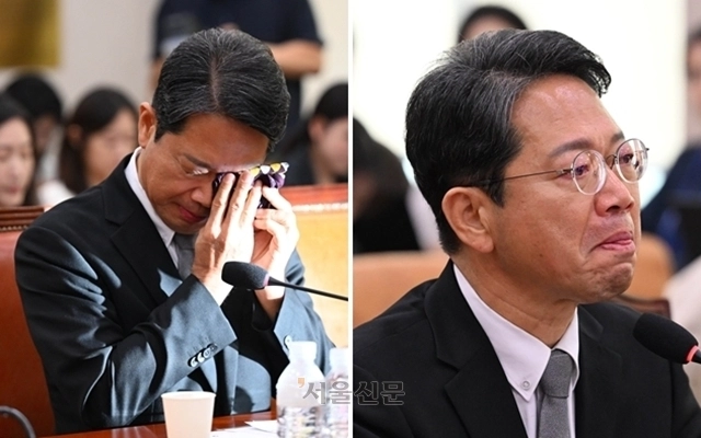 김승원 법무부 장관 후보자가 15일 국회 법제사법위원회에서 열린 인사청문회에서 울먹거리고 있다. 왼쪽은 손수건으로 눈가를 닦는 모습. 2026.9.15 홍윤기 기자