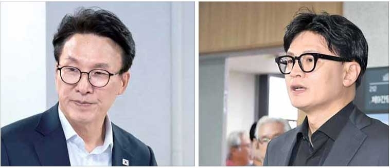 김민석 더불어민주당 대표가 15일 서울 여의도 민주당 중앙당사에서 열린 제1차 시도당 위원장 연석회의에 참석하고 있다(왼쪽 사진). 오른쪽 사진은 한동훈 무소속 의원이 같은 날 국회의원회관에서 기자회견을 하는 모습. 연합뉴스·안주영 전문기자