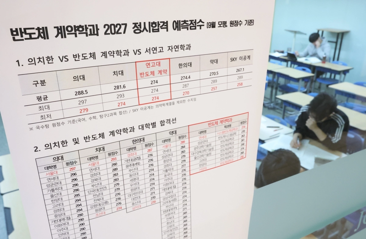10일 서울 양천구 목동종로학원에 2027학년도 반도체 계약학과 정시 합격 예측점수표가 게시돼 있다.  2026.09.10. 뉴시스