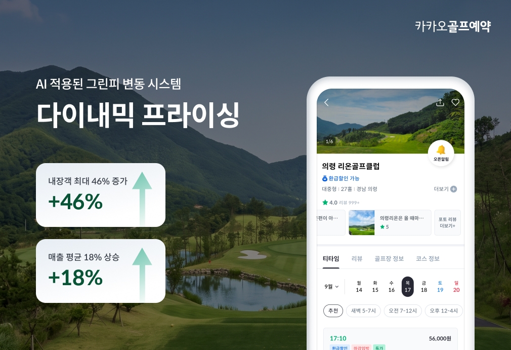 ‘카카오골프예약’ 플랫폼의   인공지능(AI) 기술을 적용한 변동 그린피 시스템 ‘다이내믹 프라이싱’ 안내.  카카오VX 제공.