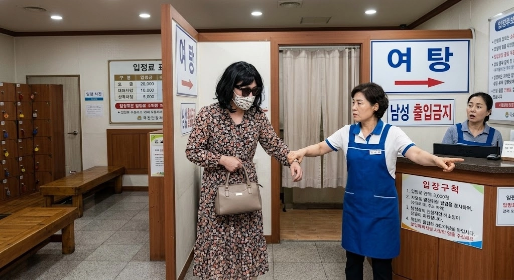 여장하고 여탕에 몰래 들어가려다 걸린 남성과 관련한 인공지능(AI) 생성 이미지. 서울신문