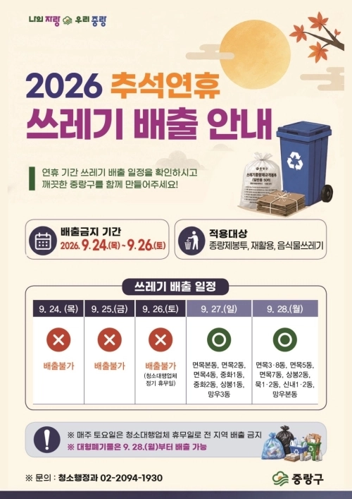 중랑구 ‘2026 추석연휴 쓰레기 배출 안내’. 중랑구 제공