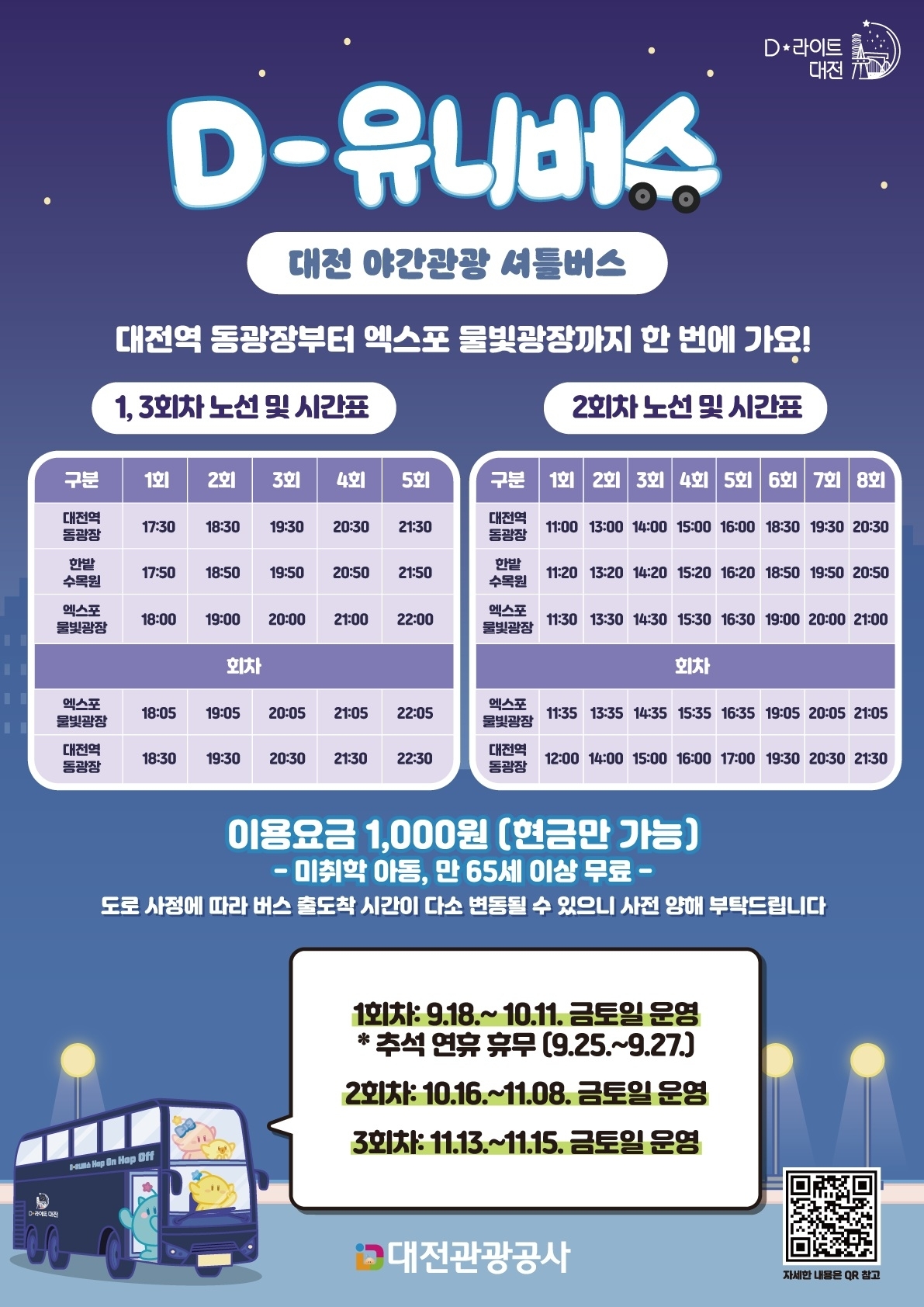 대전시가 가을 관광 축제와 연계해 야간에 2층 순환버스를 운행한다.