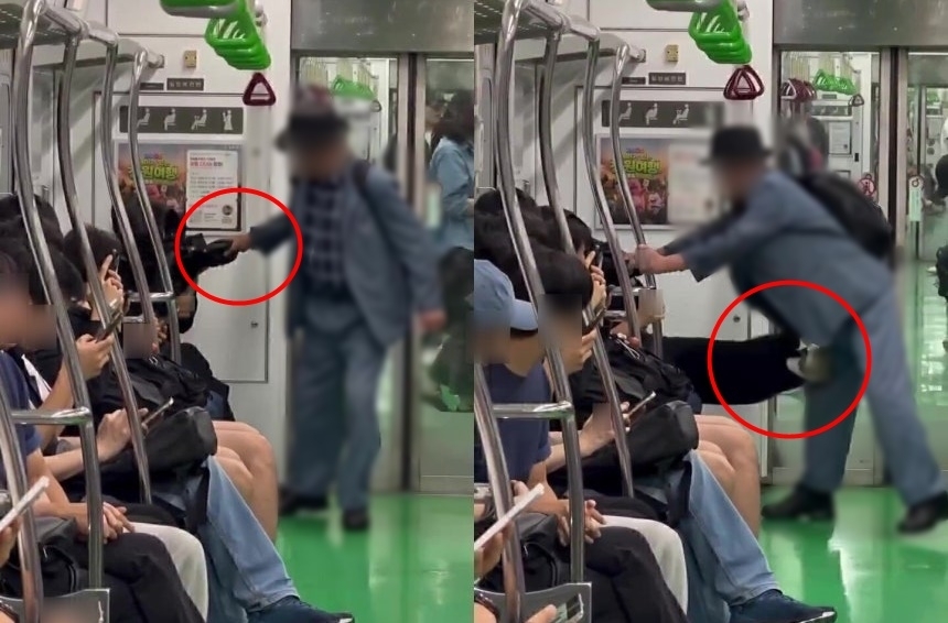 서울 지하철 2호선에서 교통약자석에 앉은 젊은 여성과 한 노인이 자리를 두고 몸싸움을 벌이는 영상이 공개됐다. X 캡처