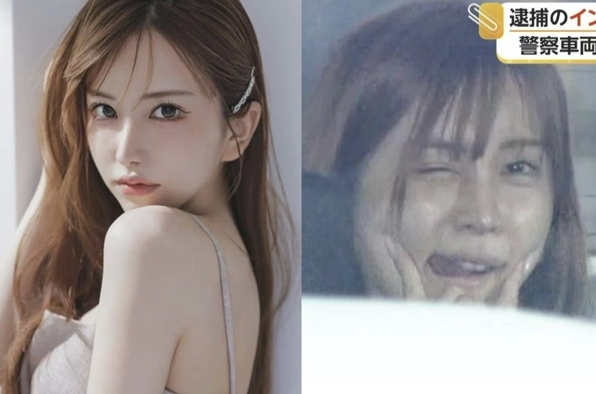 일본 롯본기의 유명 유흥주점 종업원이자 60만명의 팔로워를 보유한 인플루언서인 다자와 리노(27)가 마약 소지 혐의로 체포돼 검찰에 송치되는 과정에서 취재진을 향해 윙크하고 양손 검지손가락으로 자신의 볼을 누르는 등의 행동을 하고 있다. 자료 : FNN