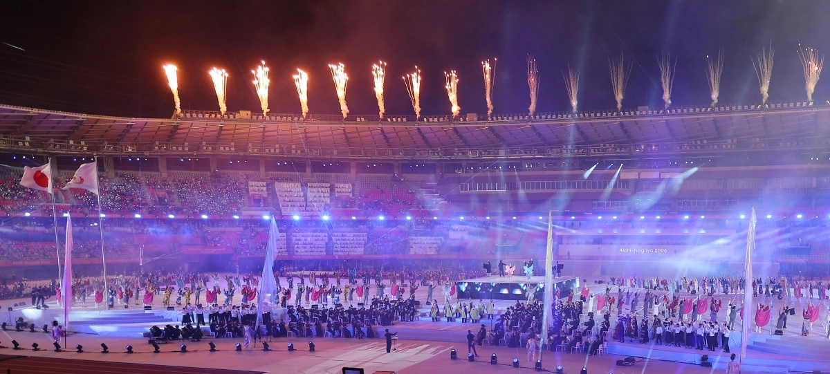 19일 일본 나고야 미즈호공원 육상경기장에서 열린 2026 아이치·나고야 아시안게임 개회식에서 피날레 공연이 펼쳐지고 있다.