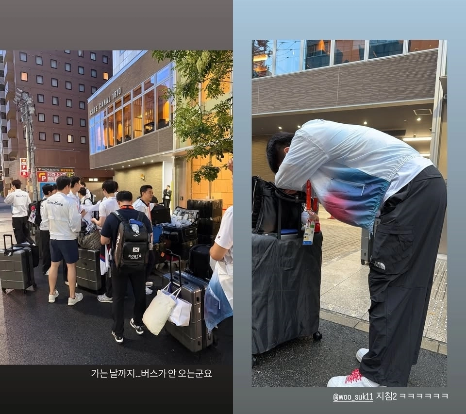 농구 대표팀 여준석이 21일 자신의 소셜미디어(SNS)에 “(한국으로) 가는 날까지 버스가 안 온다”며 호텔 앞에 여행용 캐리어를 꺼내놓고 기다리다 지친 선수들의 모습을 공개했다. 자료 : 여준석 인스타그램