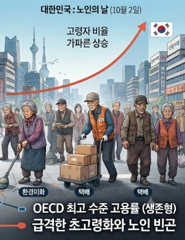 65세 이상이 전체 인구의 22%를 차지하고 있는 한국은 노인들이 빈곤을 탈피하기 위해 주로 저임금 단순 노무직이나 불안정한 일자리에서 생계를 유지하고 있다. 그림은 제미나이(Gemini)의 도움을 받아 이미지를 형상화했다.