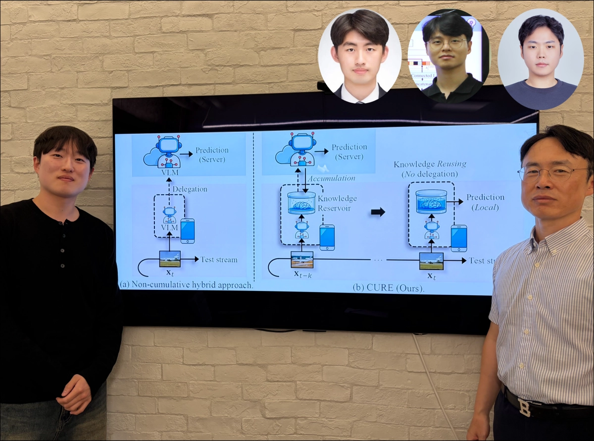 스마트기기 AI 기술 ‘큐어’를 개발한 연구진. 이영준 카이스트 정보전자연구소 박사, 이재길 전산학부 교수(왼쪽부터). 김도영 아마존 박사, 강준혁 LG AI연구원 박사, 송환준 카이스트 산업및시스템공학과 교수(우측 원사진 왼쪽부터)  카이스트 제공