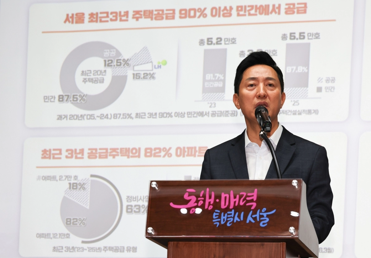 오세훈 서울시장이 21일 서울 중구 서울시청에서 열린 ‘서울 주택정책 성과공유회’에서 주택정책 성과를 발표하고 있다.   뉴스1