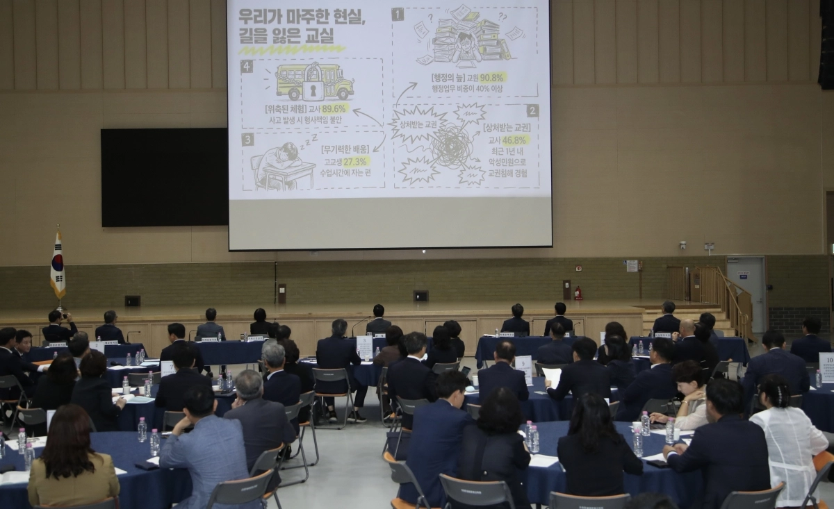 전남광주통합특별시교육청이 22일 순천만생태문화교육원에서 ‘전남광주교육 정책협의회’를 열고 서·논술형 평가 도입 방안을 논의하고 있다.