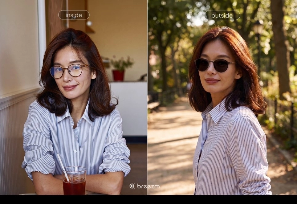 브리즘 프레임에 변색렌즈를 적용한 실내∙외 착용 모습. [브리즘 제공∙AI 생성 이미지]