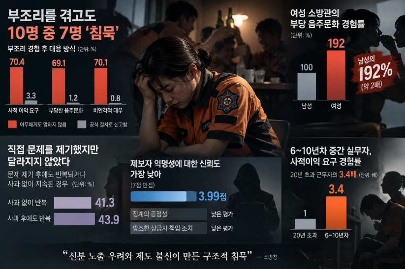 지난 7월 조사한 소방 조직문화 진단에서 부조리를 경험했다는 응답자 10명 중 7명이 ‘아무 말 못함’이라는 침묵 대응을 택했다. 여성과 6~10년차 실무급 소방관들이 부당한 음주문화, 사적이익 요구, 비인격적 대우 등 부조리에 대한 경험치 응답이 더 높게 나왔다. 소방청 통계·AI생성이미지