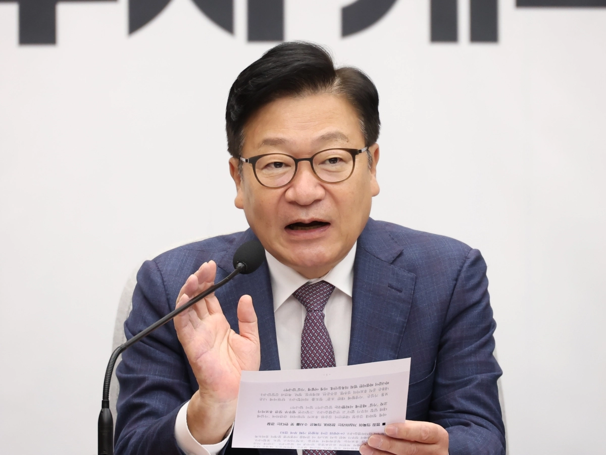 정점식 국민의힘 원내대표가 지난 22일 국회에서 열린 원내대책회의에서 발언하고 있다. 연합뉴스