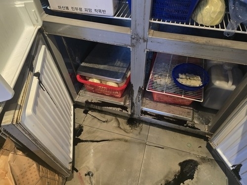 중국 최고지도자 이름을 상호로 쓰는 성남시 분당구 소재 중식당에 24일 새벽 무단으로 침입해 래커칠하는 등 테러를 저지른 용의자 4명이 모두 중국인인 것으로 확인됐다. 경찰은 이들이 사건 당일 공항을 통해 본국으로 도주한 사실을 파악하고, 국제사법공조에 나설 방침이다. 사진은 용의자들이 피해 식당 식재료에 농약으로 추정되는 불상의 물질을 뿌린 모습. 2026.9.27 연합뉴스(피해자 제공)