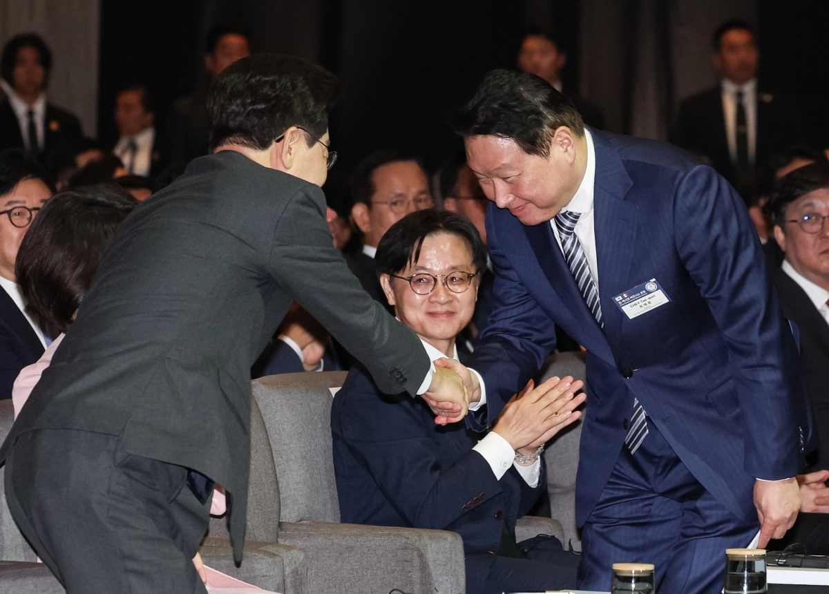 李대통령, 최태원 회장과 악수
